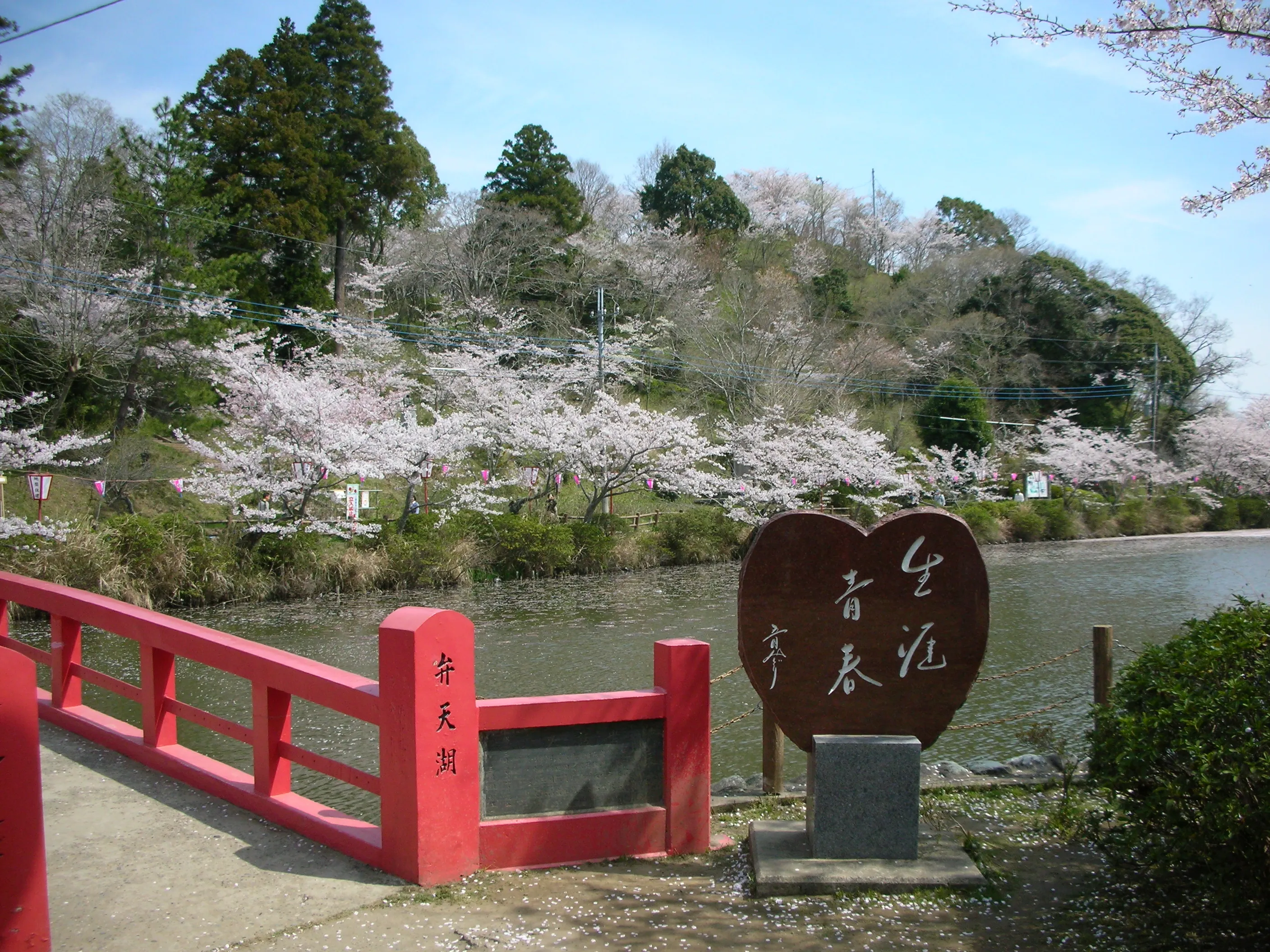 弁天湖の石碑と朱色の欄干、対岸の桜